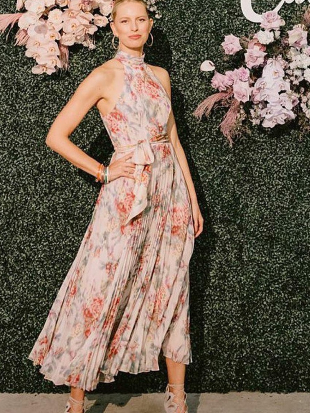 Zimmermann Sunray Floral High-Neck Floral Pleated Midi Dress in Blush EUC 1391